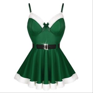 RSLOVE Women’s Christmas Lingerie Sexy Green Santa Set Babydoll Chemise NWT